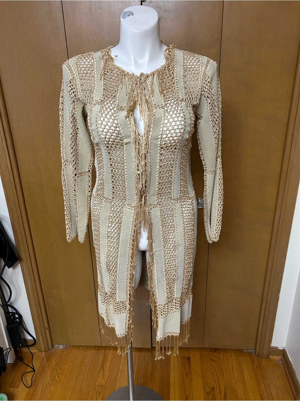Fringed Crochet Longline Suede -Style Jacket in Beige